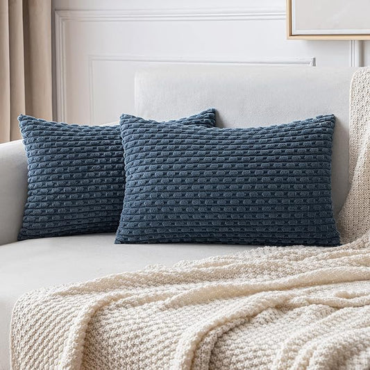 MIULEE Throw Pillow Covers Soft Corduroy Decorative Set of 2 Boho Striped Pillow Covers Pillowcases Farmhouse Home Decor for Couch Bed Sofa Living Room 12x20 Inch Blue