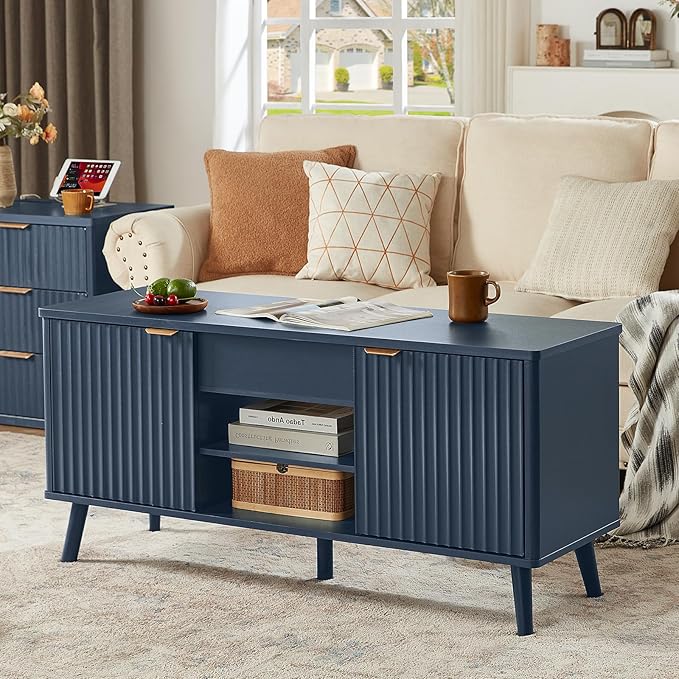 LEYAOYAO 48" Fluted Lift Top Coffee Table with Hidden Storage & Adjustable Shelves, Lifting Tabletop Large Rectangular Coffee Tables, Mid Century Modern Wood Center Table for Living Room, Nave Blue