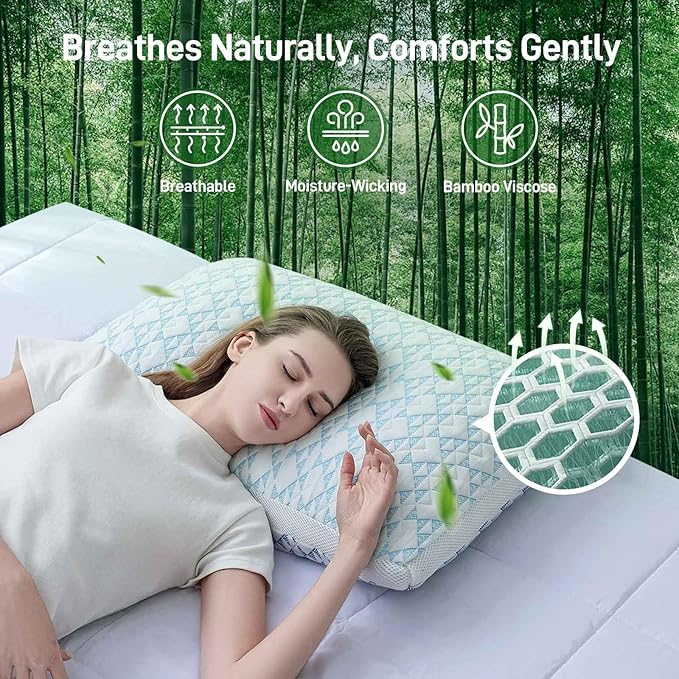 Shredded Memory Foam Cooling Soft Bamboo Viscose Pillows King Set of 2, Adjustable Hypoallergenic Hotel Quality Bed Pillows for Side, Stomach and Back Sleeper, Oeko-TEX Certified