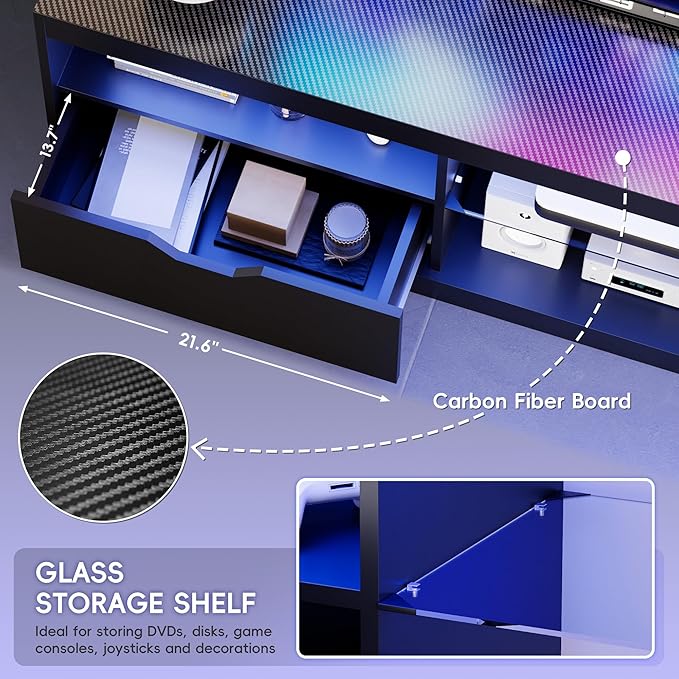 Homall LED TV Stand Mount for 65 inch, Modern Entertainment Center with LED Lights & High Glossy Cabinets, TV Cabinet Console Table with Drawer, Glass Shelves, Dynamic RGB Modes for Living Room, Black