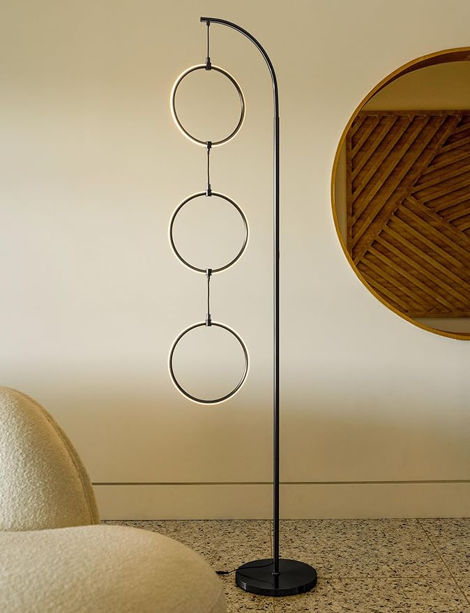 Brightech Nova Modern Floor Lamp Matches Living Room Décor - Contemporary Arc Tall Lamp with 3-Circle Ring-Style Pendant - Over The Couch Standing on Arching Pole - Eclectic- Black