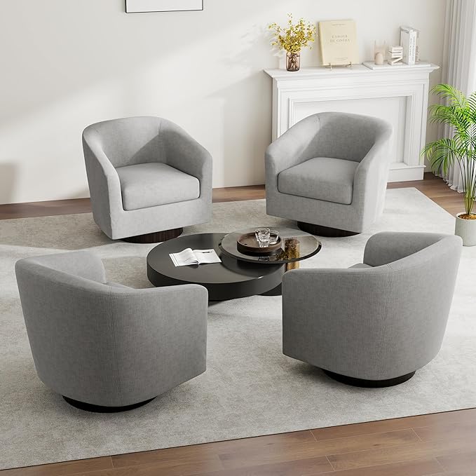Swivel Barrel Accent Chair, Modern Round Linen Arm Chair for Living Room, Bedroom, Comfy Club Reading Chairs for Adults（Linen Fabric, Light Grey, Set of 4