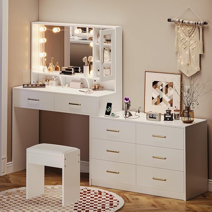 59" Makeup Desk with Drawers & Cabinet & Dresser, White Vanity Table with Drawer Dresser, Large Vanity Table with 8 Drawers, Vanity Desk with Large Mirror and 3-Color Lights for Girls, Dressing Table