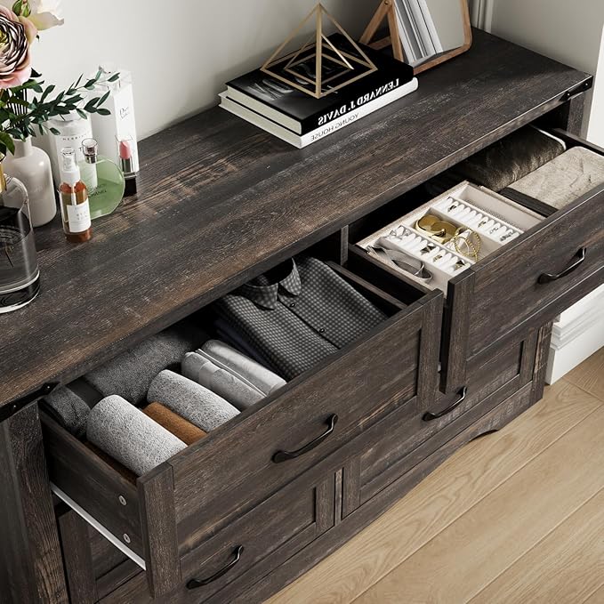 Loomie Farmhouse 6 Drawers Double Dresser for Bedroom, Modern White Dresser Chest of Drawers, Wide Dressers Organizer, Accent Storage Cabinet for Closet, Living Room, Hallway, Dark Rustic Oak