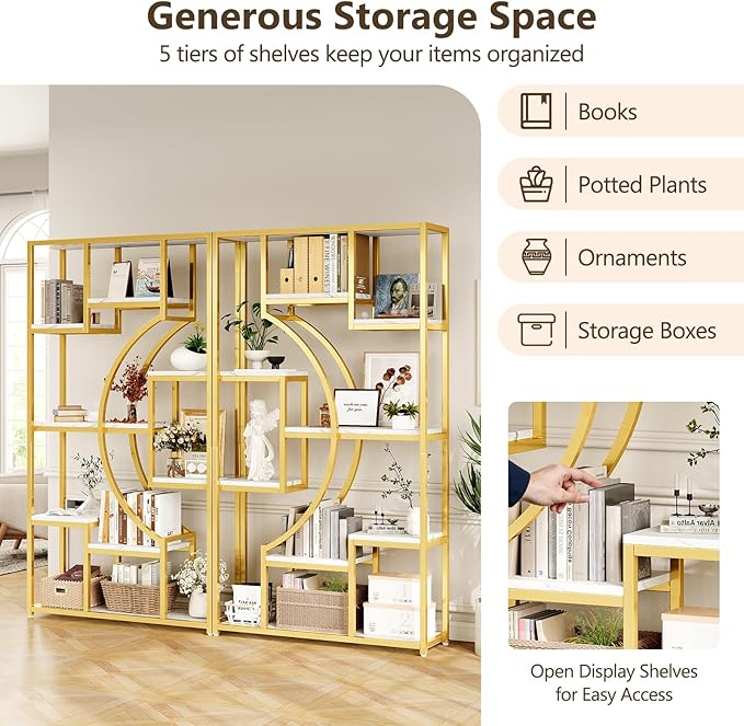 LGHM White and Gold Bookshelf Set of 2 with Metal Frame, 5 Tier Geometric Bookcase, Adjustable Modern Book Shelf with 18 Open Storage Shelves, Display Shelf for Living Room, Office, Bedroom