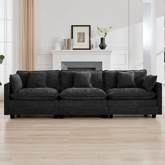 111'' Sectional Cloud Deep Seat Couch, Modern Comfy Chenille Modular Sectional Sofa for Living Room Set, Upholstered Modular 3-Seats Sofa Couch, Dark Grey