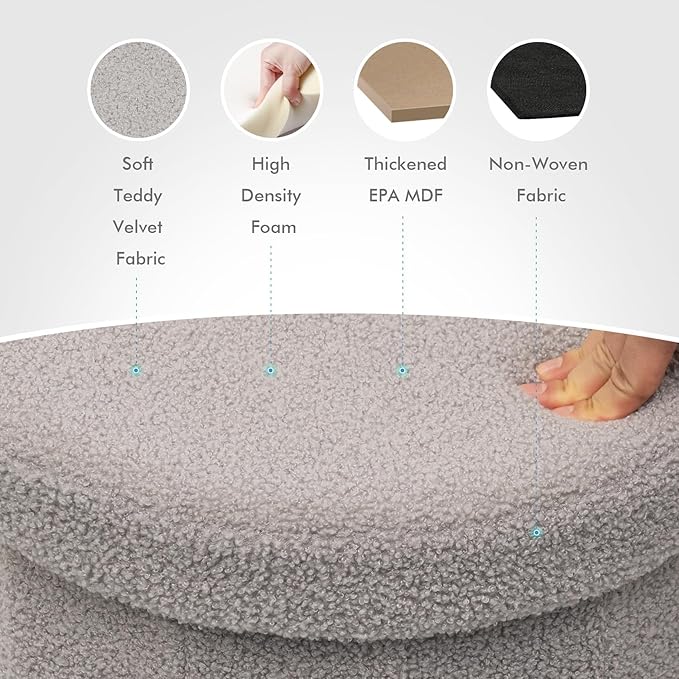 B FSOBEIIALEO Storage Ottoman Cube, Round Ottomans with Storage Foot Stool Footrest for Lving Room, Boucle Ottoman Seat for Dorm Room,Faux Teddy Fur, Grey 15"x15"x15"