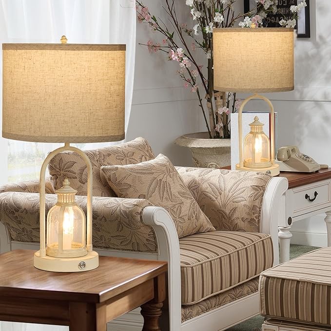 Farmhouse Lantern Table Lamps for Living Room Set of 2,Rustic Vintage Bedroom Nightstand Beside Desk Lamp with 2 USB Charging Ports,Dimmable Touch Night Light,4 Bulbs Included (White)