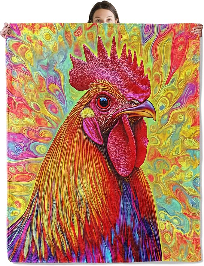 Colorful Rooster Blanket, Cozy Flannel Rainbow Swirls Chicken Throw Blanket for Couch Outdoor, Plush Soft Lightweight Travel Blankets for Bed Decor and Gifts, for Women Kids Adults 50"x60"