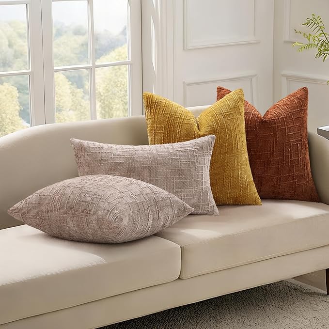 decorUhome Fall Oatmeal Chenille Throw Pillow Covers 12x20 Set of 2 Thick Textured Slubby Couch Pillow Covers Farmhouse Accent Modern Neutral Decorative Pillow Cases for Bed Sofa Living Room