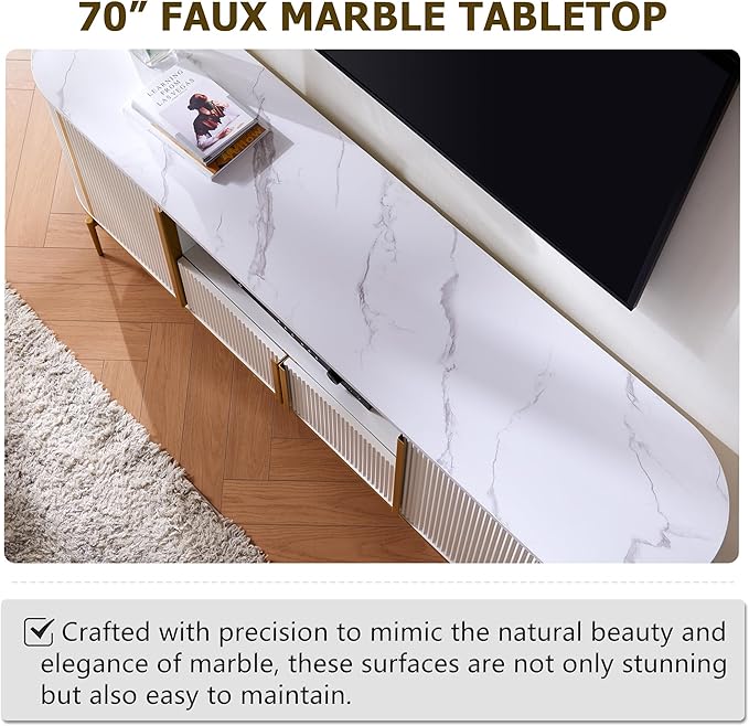 OKD Luxury 70" Fluted TV Stand, Modern Chic Entertainment Center for TVs Up to 80 inches, TV Console with Faux Marble Top, Curved Profile Design, Media Console for Living Room, Off White