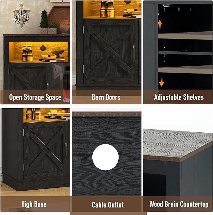 Farmhouse TV Stand with 36" Fireplace for 80" TV, 70" Entertainment Center with Barn Doors and LED Light, Tall Fireplace TV Stands for Living Room, Black