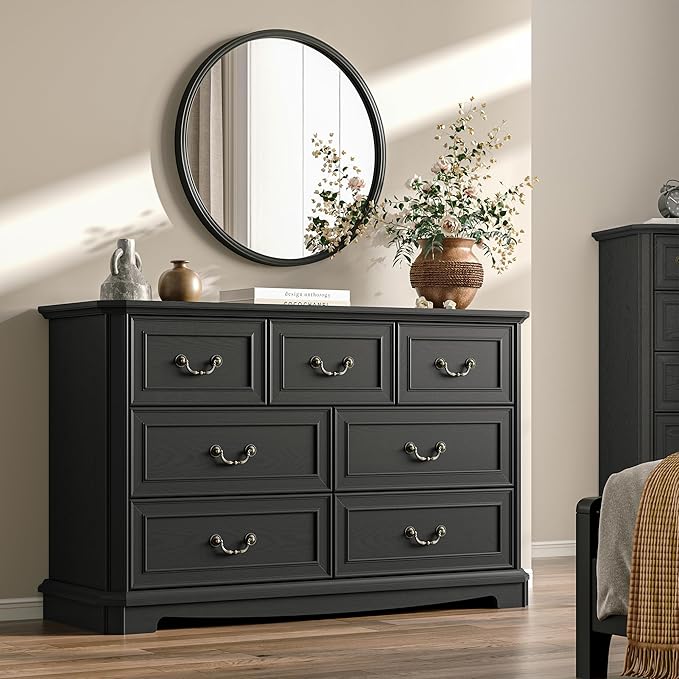 Farmhouse Dresser for Bedroom with 7 Drawer, 48" Wide Rustic Chest of Drawers with Metal Handle, Wood Vintage Dresser TV Stand, Wooden Closet Storage Dressers Organizer for Living Room, Hallway, Black