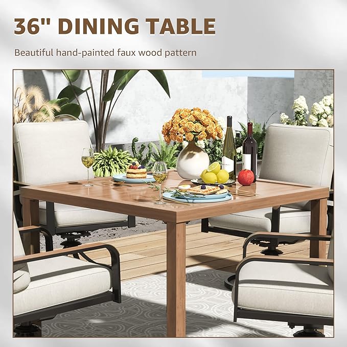 NATURAL EXPRESSIONS 5 Piece Outdoor Patio Dining Sets, 4pcs Swivel Dining Chairs & Square Woodgrain Dining Table with 1.65”Umbrella Hole for Lawn, Garden, Deck, Backyard and Porch