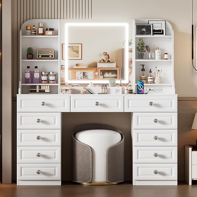 PAKASEPT 47.3'' Makeup Vanity with 11 Drawers, Tempered Glass Top Vanity Table with Mirror and LED Lights, 7 Storage Shelves, Built-in Charging Station, Dressing Table for Bedroom (No Stool)