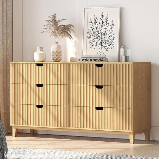 Fluted Dresser for Bedroom 6 Drawer, 58" Wide Large Wood Dresser, Chest of Drawers for Bedroom, Living Room, Hallway, Entryway, Modern TV Stand Drawer Organizer, Natural