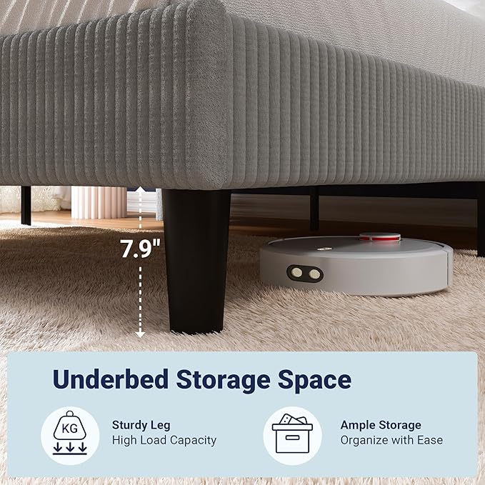 Allewie Queen Size Bed Frame with Upholstered Wingback Headboard, Vertical Channel Tufted Corduroy Velvet Platform Bed, Strong Wooden Slats Support, No Box Spring Needed, Easy Assembly, Light Grey