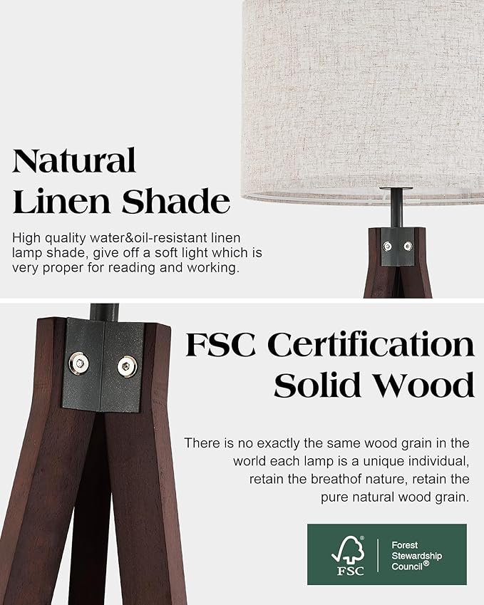 ELYONA Wood Tripod Floor Lamp, Mid Century Modern Reading Standing Light, Tall Studying Light with 3 Color Temperatures LED Bulb & Nature Linen Shade for Farmhouse Living Room Bedroom Office, Walnut