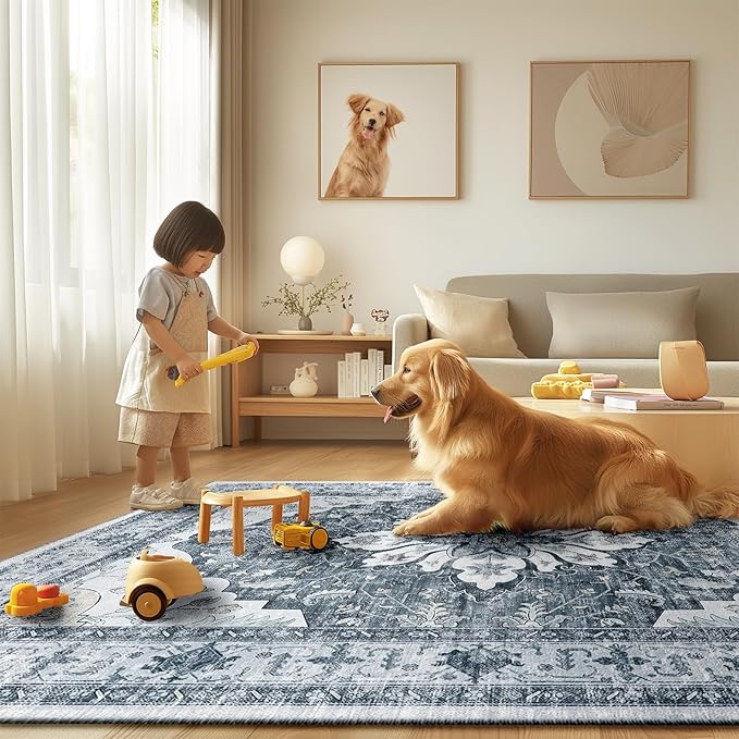 Area Rugs 4ft Washable Non-Slip, Floral Vintage Distress Print Pattern Medallion Carpet for Living Room Bedroom Dining Room, Light Gray Grey White