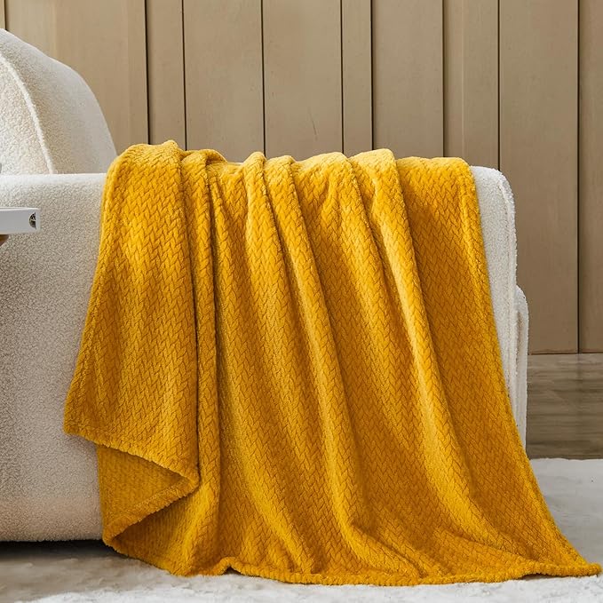 NEWCOSPLAY Super Soft Queen Blanket Mustard Yellow Premium Silky Flannel Fleece Leaves Pattern Lightweight Bed Blanket All Season Use (Mustard Yellow, Queen(90"x90"))