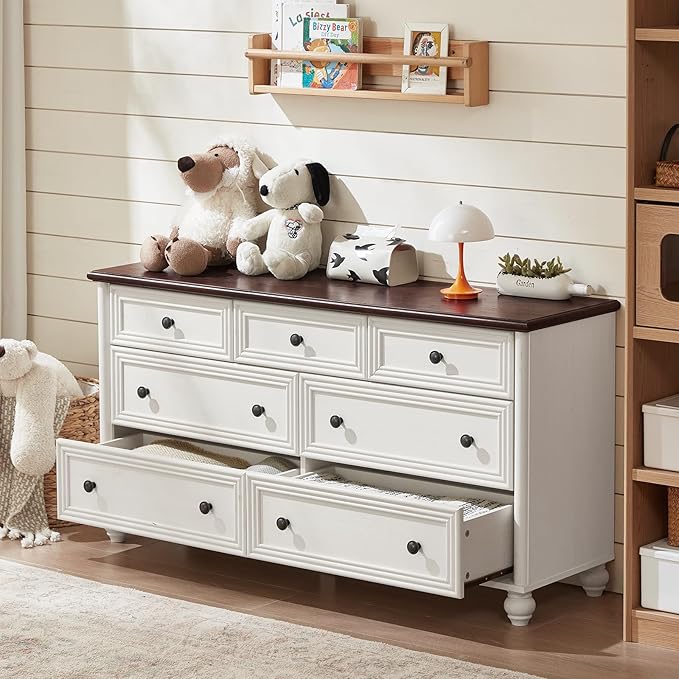 Farmhouse Dressers & Night Stand Set of 3, Wood 54" Wide Dresser & 45"Tall Chest of Drawers, 18" with Charging Station Nightstand, Bedroom Furniture 7 Drawer Dresser Set for Home Living Room Hallway