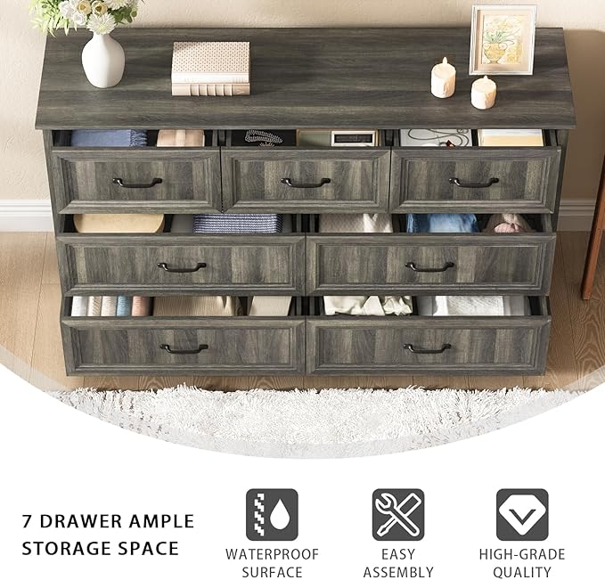 Farmhouse 7 Drawer Dresser for Bedroom, 55 Inch Wide Modern Grey Dresser TV Stand with Large Drawers & Bar Handles, Rustic Wood Chest of Drawers for Bedroom, Living Room, Hallway, Entryway.