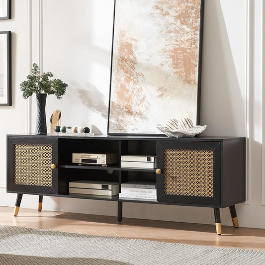 JYED Mid Century Modern TV Stand and Console for TVs Up to 75" - Black Entertainment Center, 2 Gold Metal Mesh Doors & MDF Wood Grain, 15.8" D x 66" W x 23.5" H