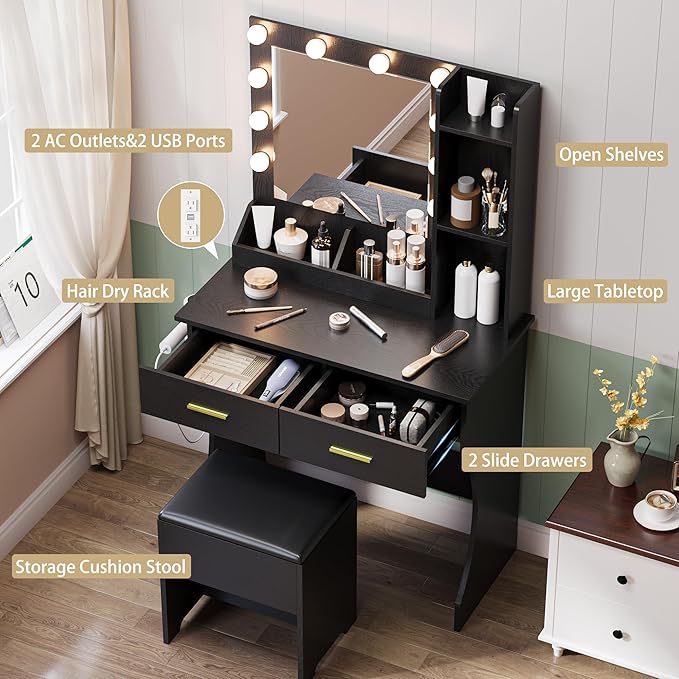 Black Vanity Mirror with Lights Desk and Chair, Small Makeup Vanity Set with Charging Station, Dressing Table with 2 Large Drawers, RGB Ambient Light, 3 Lighting Modes & Adjustable Brightness