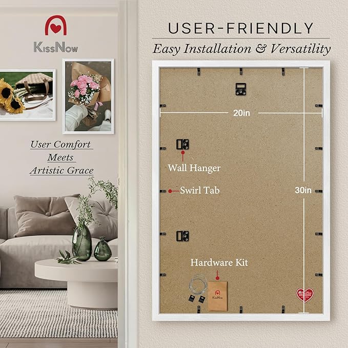 20x30 Poster Frame 4 Pack, Textured White Solid Wood, Wall Gallery Picture Frame