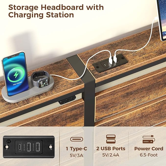 Rolanstar Bed Frame Full Size with USB Charging Station, LED Bed Frame with Wood Storage Headboard, Rustic Brown Metal Platform Bed with Under Bed Storage, No Box Spring Needed, Noise Free