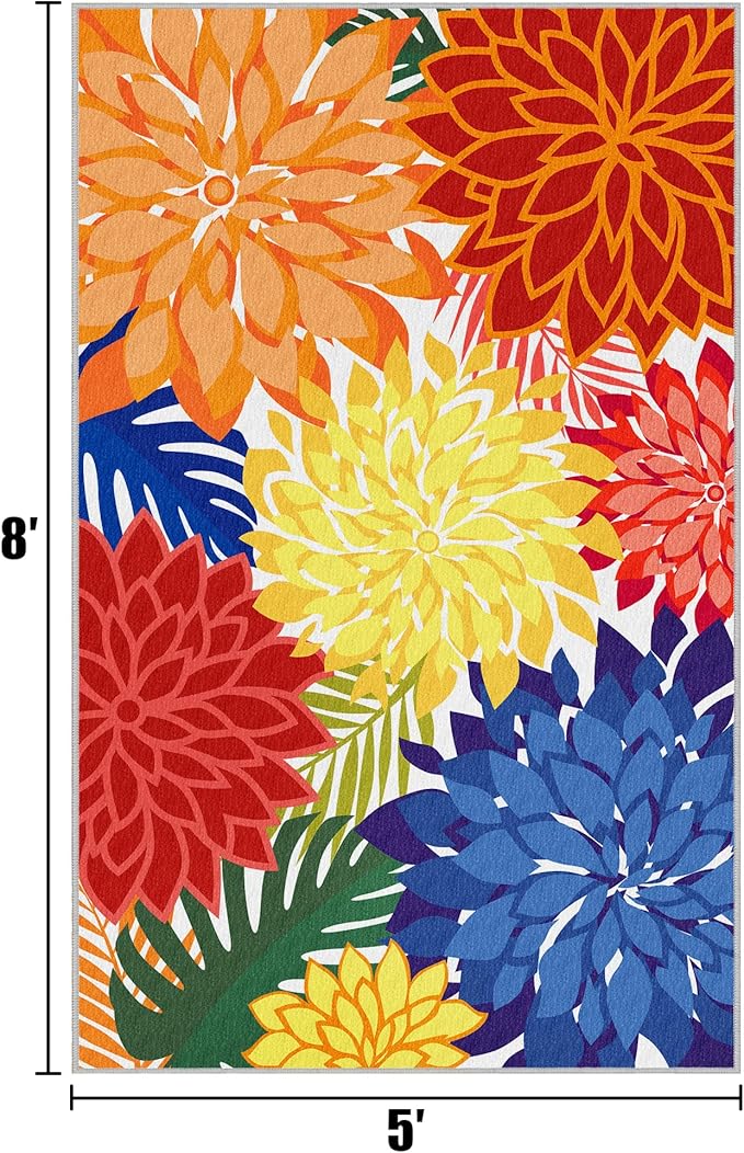 Indoor Outdoor Area-Rug Washable Multicolored Patio Rug Tropical Botanical Modern Floral Indoor Outdoor Carpet Non-Slip for Patio, Deck, Backyard, Porch (5x8)