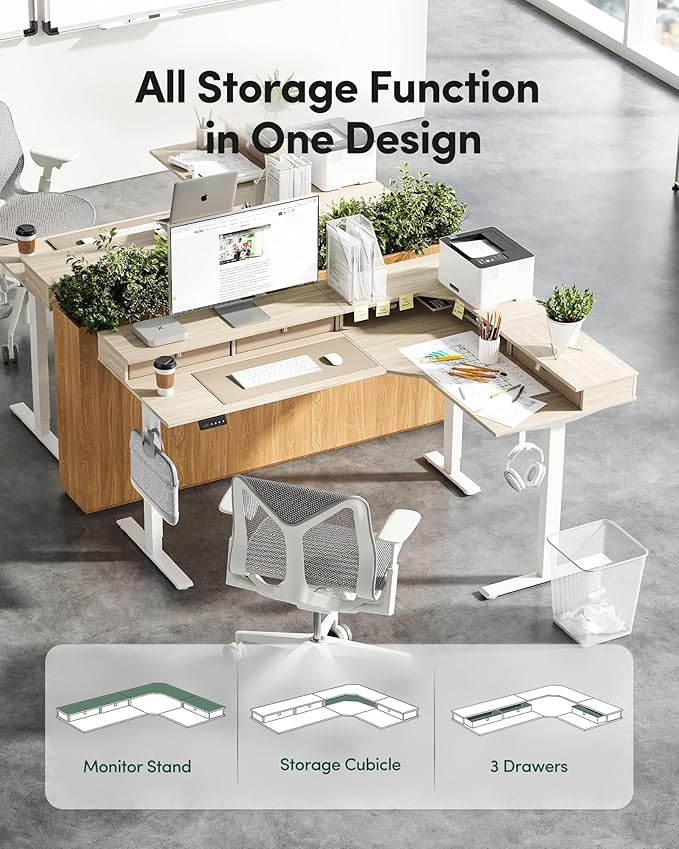 FEZIBO L Shaped Electric Standing Desk, 63 x 48inch Large with Drawers | Reversible Tabletop, 2 Memory Height Settings | Home Office & Gaming Height-Adjustable Table, Light Walnut Top/White Frame