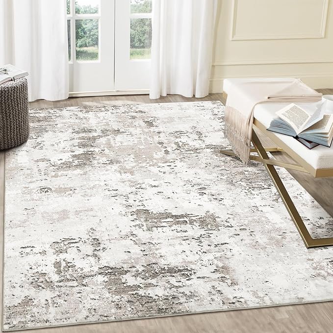 Area Rug 4x6 for Living Room Stain Resistant Carpet Modern Abstract Rugs Ultra Soft Indoor Floor Cover Accent Rug Low Pile Thin Machine Washable for Bedroom Dining Room, Taupe/Beige