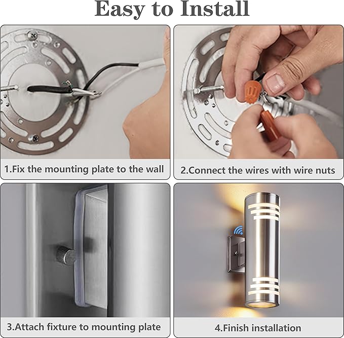 SHIMR Modern Outdoor Wall Lights Dusk to Dawn 2 Pack, Exterior Lighting Fixtures Stainless Steel with Brushed Nickel Finsh, Waterproof Up and Down Outside Lights for House, LED Bulbs Include