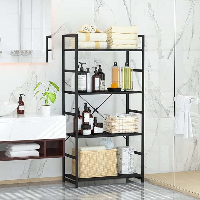 OTK 4 Tier Bookshelf, Tall Bookcase, Office Shelf Storage Organizer, Modern Book Shelf for Living Room, Bedroom, and Home Office, Black