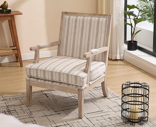 chairus Farmhouse Linen Accent Chair for Living Room, Upholstered Reading Chair with Solid Wood Frame Lounge Arm Chair with High Back for Bedroom, Reception Room, Waiting Room, Khaki Stripe
