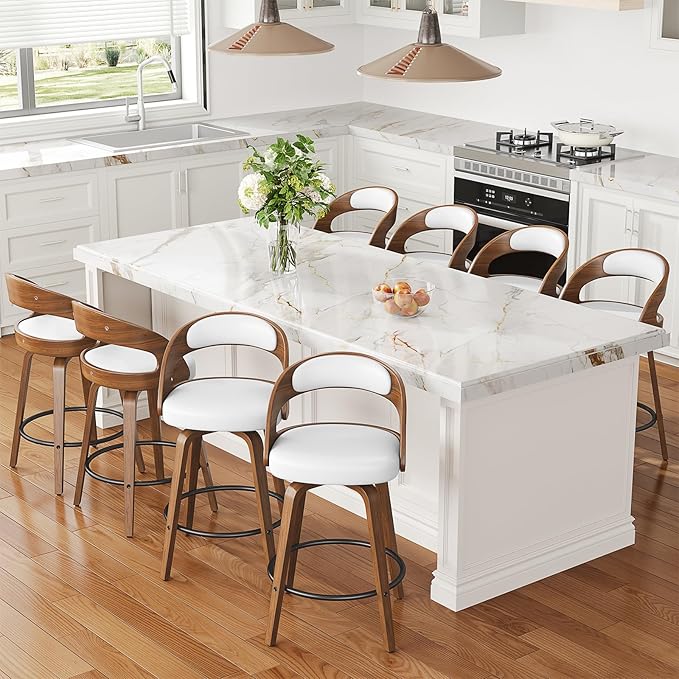 Swivel Bar Stools Set of 8, 26" Counter Height Bentwood Barstool, Mid-Century Modern PU Leather Upholstered Bar Chair with Back and Footrest, for Kitchen Island, Bar, Cafe, Dining Room, White