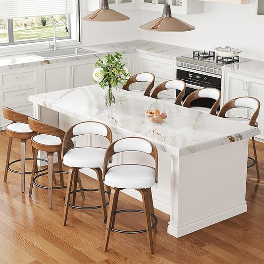 Swivel Bar Stools Set of 8, 26" Counter Height Bentwood Barstool, Mid-Century Modern PU Leather Upholstered Bar Chair with Back and Footrest, for Kitchen Island, Bar, Cafe, Dining Room, White