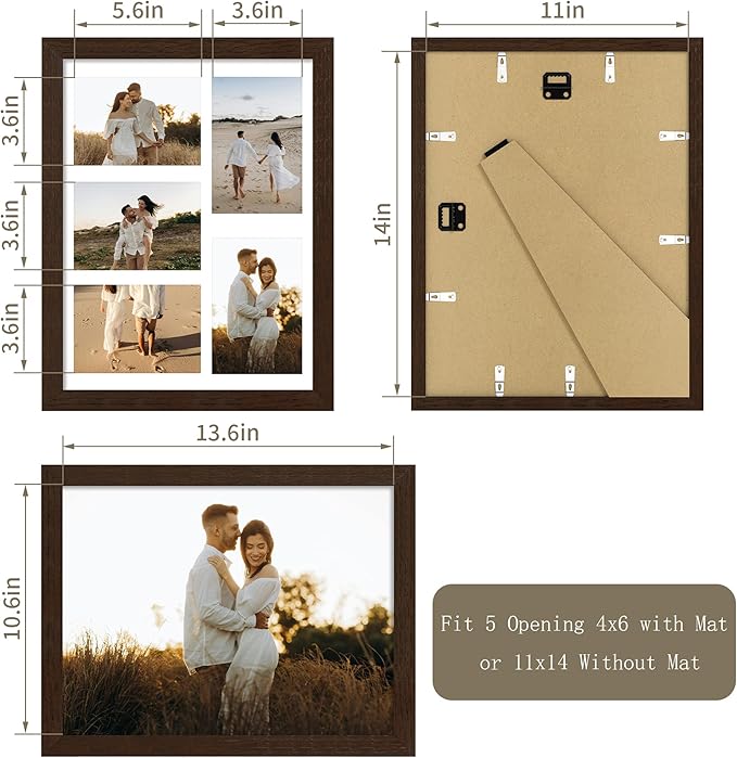 Solid Oak Wood Frame - 11x14 Walnut Wooden Picture Frames with Real Tempered Glass,5 Opening 4x6 with Mat or 11x14 Without Mat for Wall Decor Art Photo(Color Walnut)