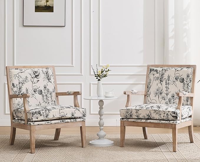 chairus Farmhouse Linen Accent Chair Set of 2, Upholstered Reading Chair with Solid Wood Frame Lounge Arm Chair with High Back for Living Room, Reception Room, Waiting Room, Floral Pattern