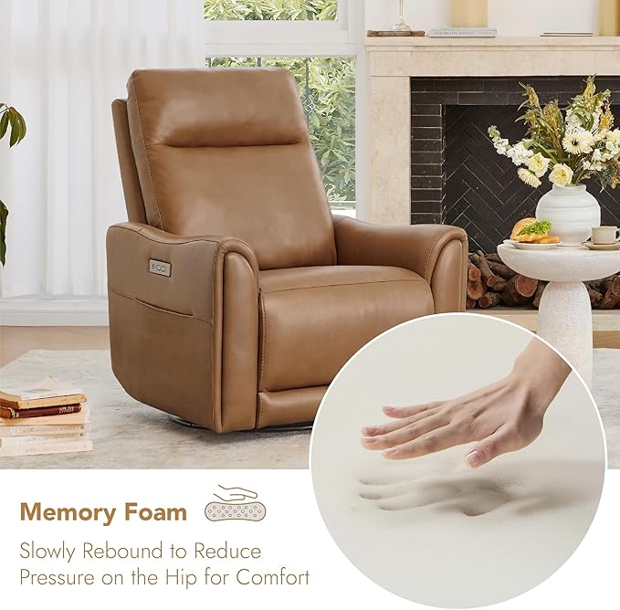 Watson & Whitely Genuine Leather Power Recliner Chairs for Adults, Swivel Glider Recliner Chair for Living Room with Charging Ports, Saddle