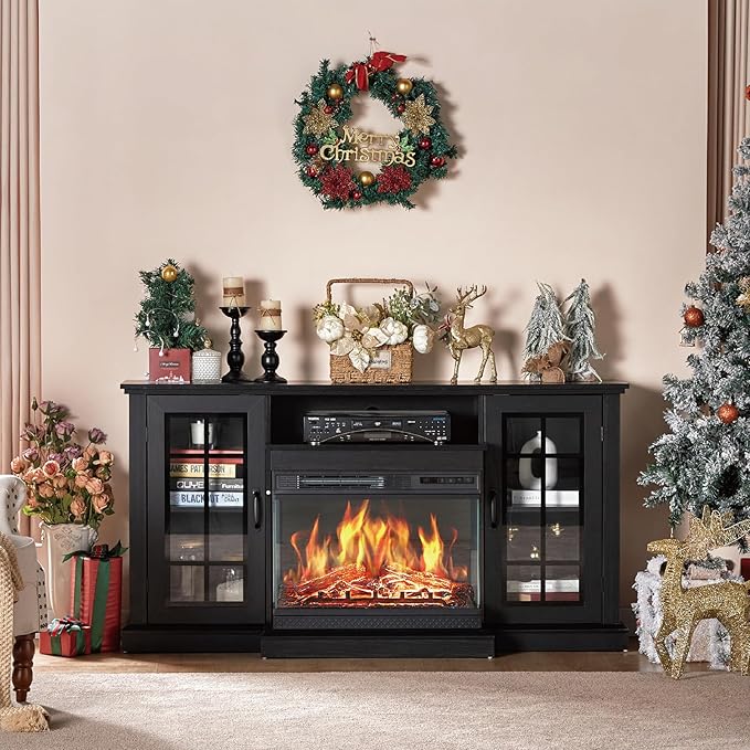 AMERLIFE 3-Sided Glass Fireplace TV Stand for TVs up to 65'', Media Entertainment Center Console Table with Door Closed Storage, Black