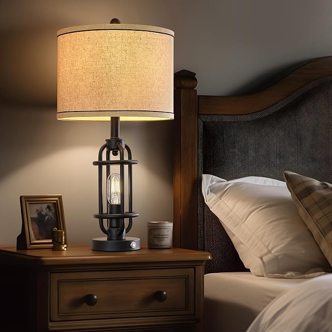 23.75'' Industrial Black Metal Table Lamps Living Room Lamp for Nightstand Bedroom lamps Set of 2 Bedside End Side Table Lamps Home Decor Touch Lamp Modern Lamps With USB Port, Bulbs Included