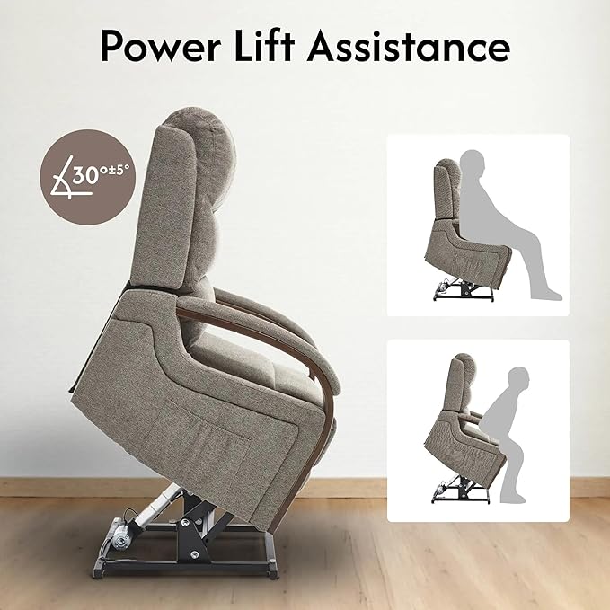 FLEXISPOT Dual Motor Power Lift Recliner Chair for Elderly, Electric Lay Flat Reclining Chair with Massage & Heat, Side Pockets, Fabric Single Sofa for Living Room,Light Brown
