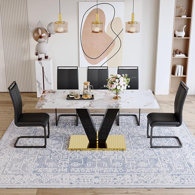 71'' Dining Table Set for 8,Rectangular Dining Room Table Set for 8,Marble Dining Table with 8 PU Leather Dining Chairs,Gold Dining Room Table with Glossy V-Shaped Base Ideal for Kitchen