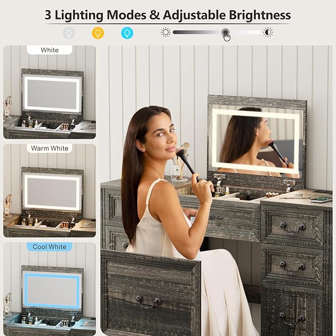 Farmhouse Vanity Desk with Flip up Vanity Mirror and Lights,Rustic Makeup Vanity with Charging Station and Hidden Drawer,Vanity Table Set with Drawers/6-Compartment/Cabinets, Rustic Oak