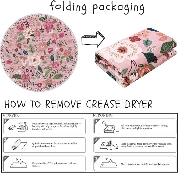 Round Rug 4ft Washable Circle Rug Non Slip Low Pile Boho Floral Small Circular Rug for Bedroom, Bathroom, Entryway, Kids Room, Office, College Dorm(Pink)