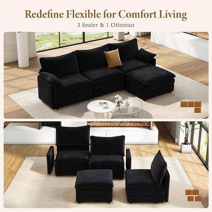 Vesgantti 108" Modular Sectional Sofa, Comfy Cloud Couch with Movable Ottoman Deep Seat Corduroy L Shaped Modular Sofa, Sectional Couches for Living Room, Bedroom and Apartment, Black