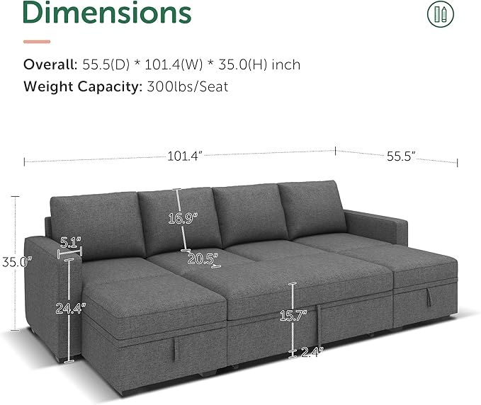 HONBAY Modular Sectional Sleeper Sofa Bed, Sectional Couch with Pull Out Bed U Shaped Modular Couch with Storage Ottoman for Living Room, Dark Grey