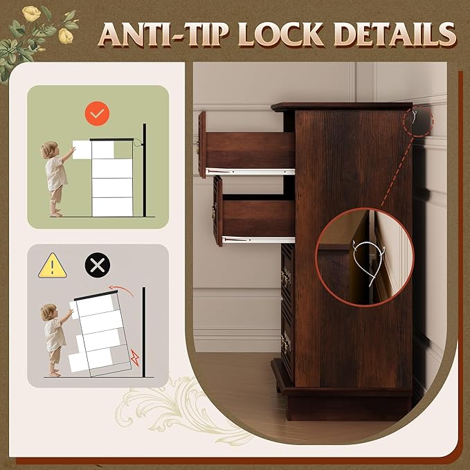 WLIVE Farmhouse Dresser for Bedroom, Tall Wood Dresser with 4 Drawers, Chest of Drawers with Roman Metal Handle for Living Room, Hallway, Closet, Rustic Brown